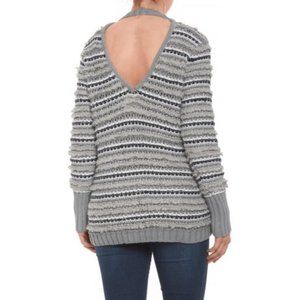 Chaser Sweater Nubby Gray Stripe V-Neck L